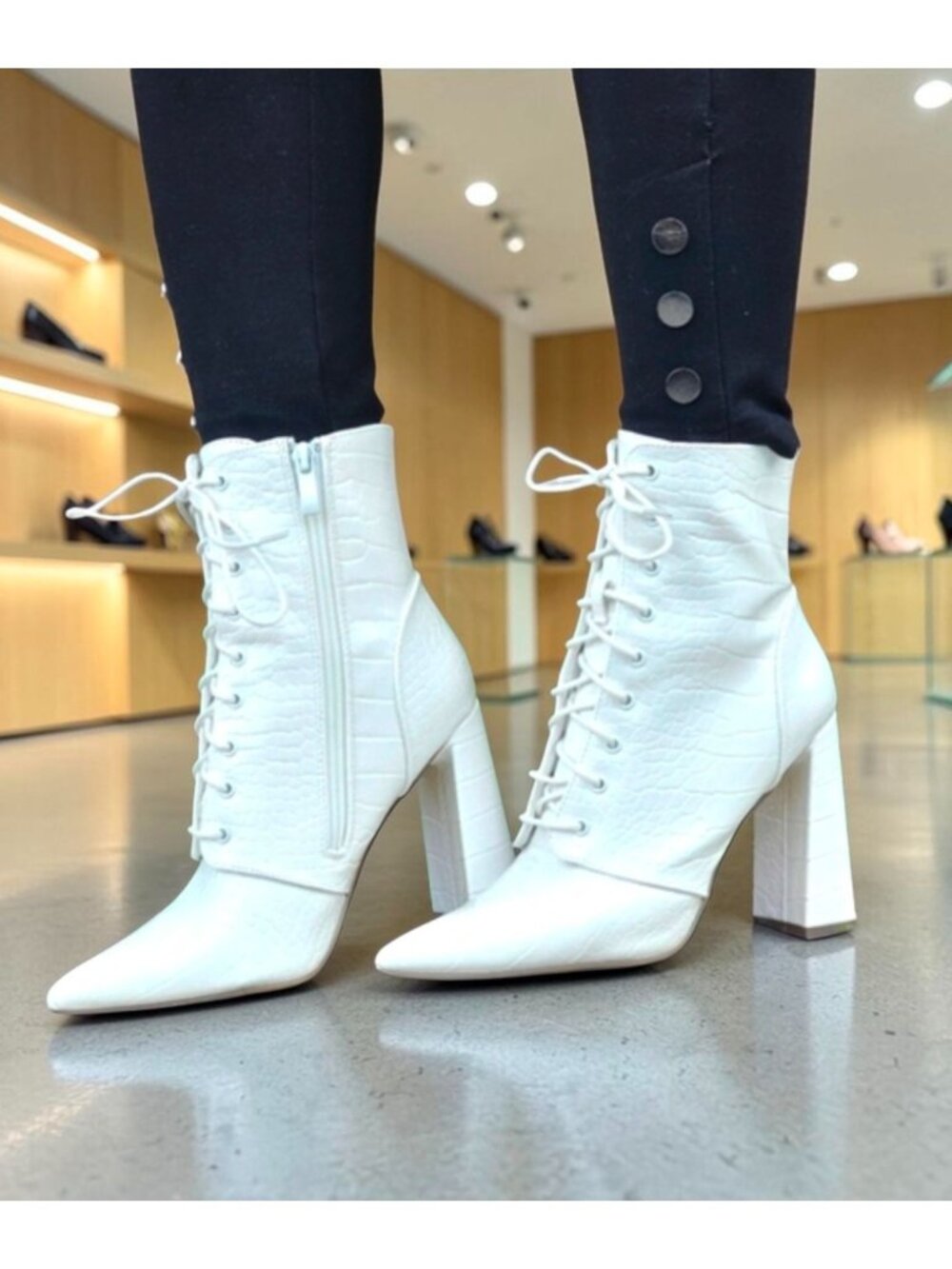 White Lace-Up Chunky Heel Ankle Boots With Croc-Embossed Texture & Side Zipper D